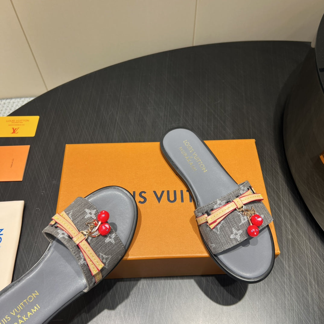 LV SLIDE SANDALS 25S IN DARK GREY DENIM AND CALFSKIN WITH CHERRY BLOSSOM BUCKLE
