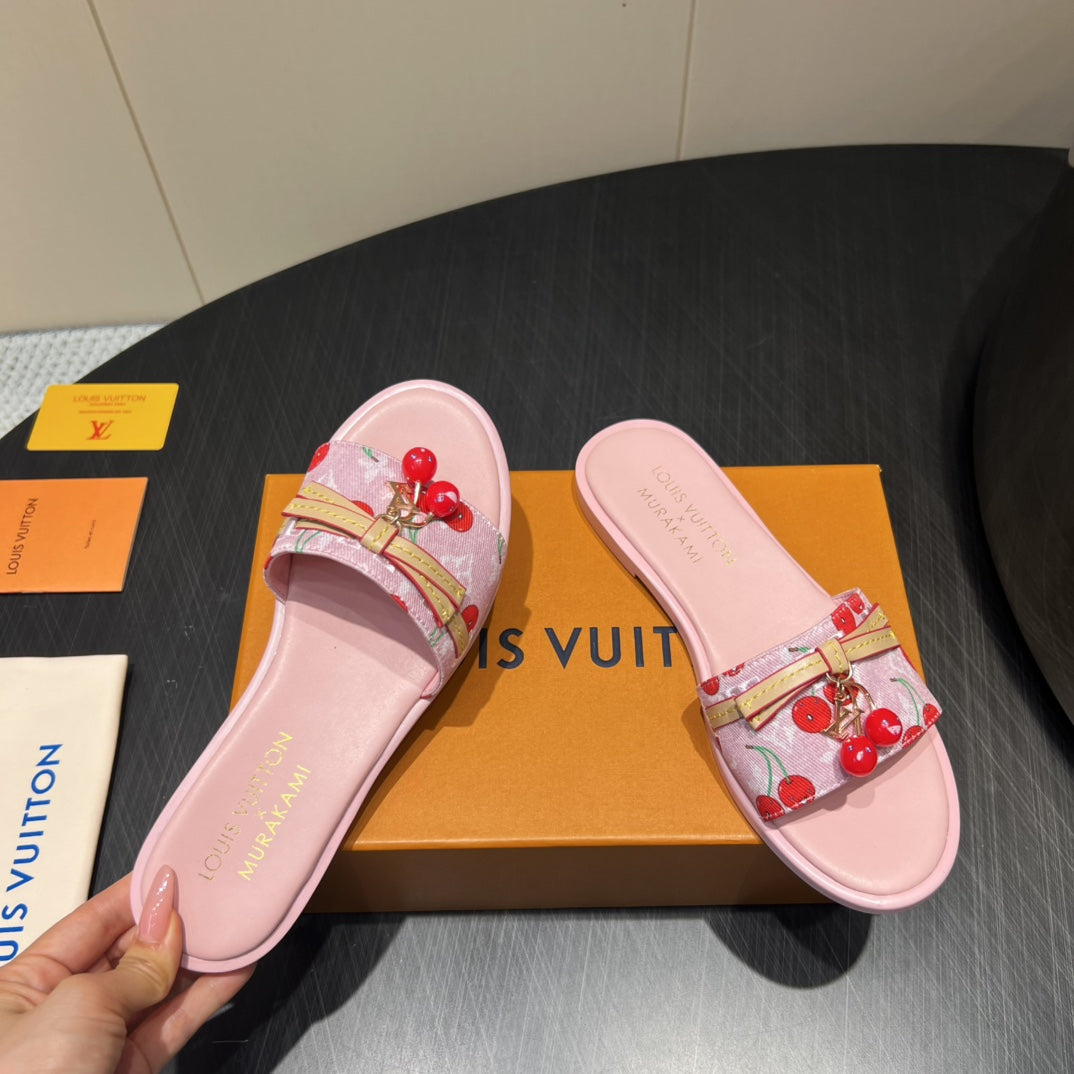 LV SLIDE SANDALS 25S IN LIGHT PINK DENIM AND CALFSKIN WITH CHERRY BLOSSOM BUCKLE