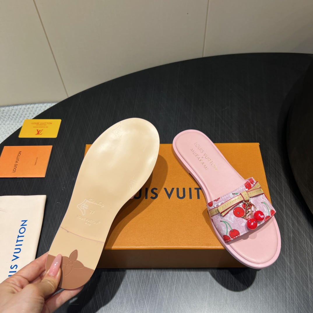 LV SLIDE SANDALS 25S IN LIGHT PINK DENIM AND CALFSKIN WITH CHERRY BLOSSOM BUCKLE