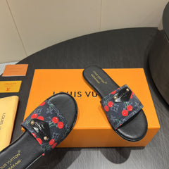LV SLIDE SANDALS 25S IN BLACK DENIM AND CALFSKIN WITH LOGO PRINT