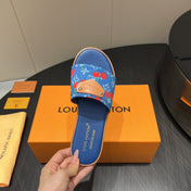 LV SLIDE SANDALS 25S IN DARK BLUE DENIM AND CALFSKIN WITH LOGO PRINT