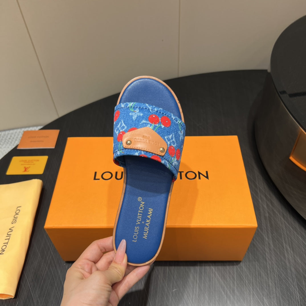 LV SLIDE SANDALS 25S IN DARK BLUE DENIM AND CALFSKIN WITH LOGO PRINT