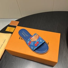 LV SLIDE SANDALS 25S IN DARK BLUE DENIM AND CALFSKIN WITH LOGO PRINT