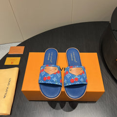 LV SLIDE SANDALS 25S IN DARK BLUE DENIM AND CALFSKIN WITH LOGO PRINT