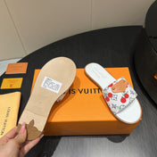 LV SLIDE SANDALS 25S IN WHITE DENIM AND CALFSKIN WITH LOGO PRINT