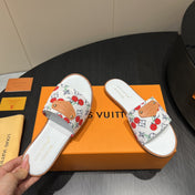 LV SLIDE SANDALS 25S IN WHITE DENIM AND CALFSKIN WITH LOGO PRINT