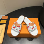 LV SLIDE SANDALS 25S IN WHITE DENIM AND CALFSKIN WITH LOGO PRINT