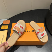 LV SLIDE SANDALS 25S IN BEIGE DENIM AND CALFSKIN WITH LOGO PRINT