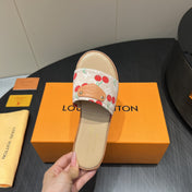 LV SLIDE SANDALS 25S IN BEIGE DENIM AND CALFSKIN WITH LOGO PRINT