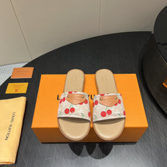 LV SLIDE SANDALS 25S IN BEIGE DENIM AND CALFSKIN WITH LOGO PRINT