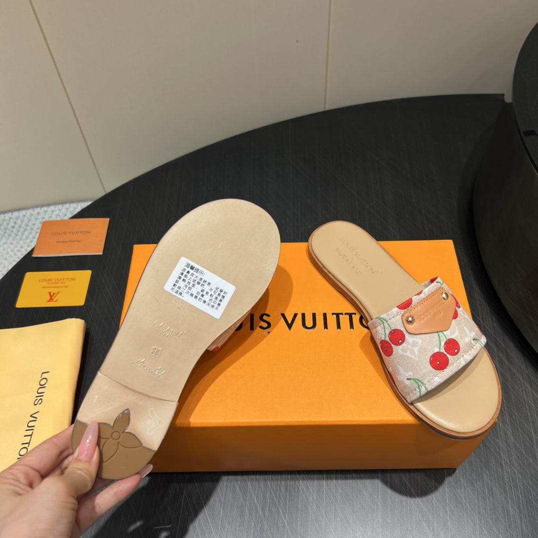 LV SLIDE SANDALS 25S IN BEIGE DENIM AND CALFSKIN WITH LOGO PRINT