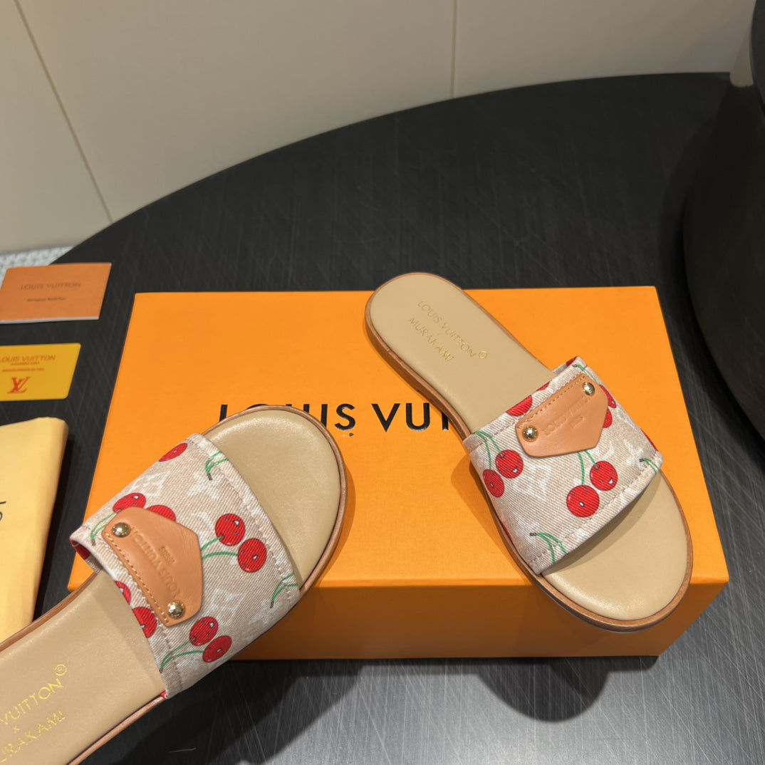 LV SLIDE SANDALS 25S IN BEIGE DENIM AND CALFSKIN WITH LOGO PRINT