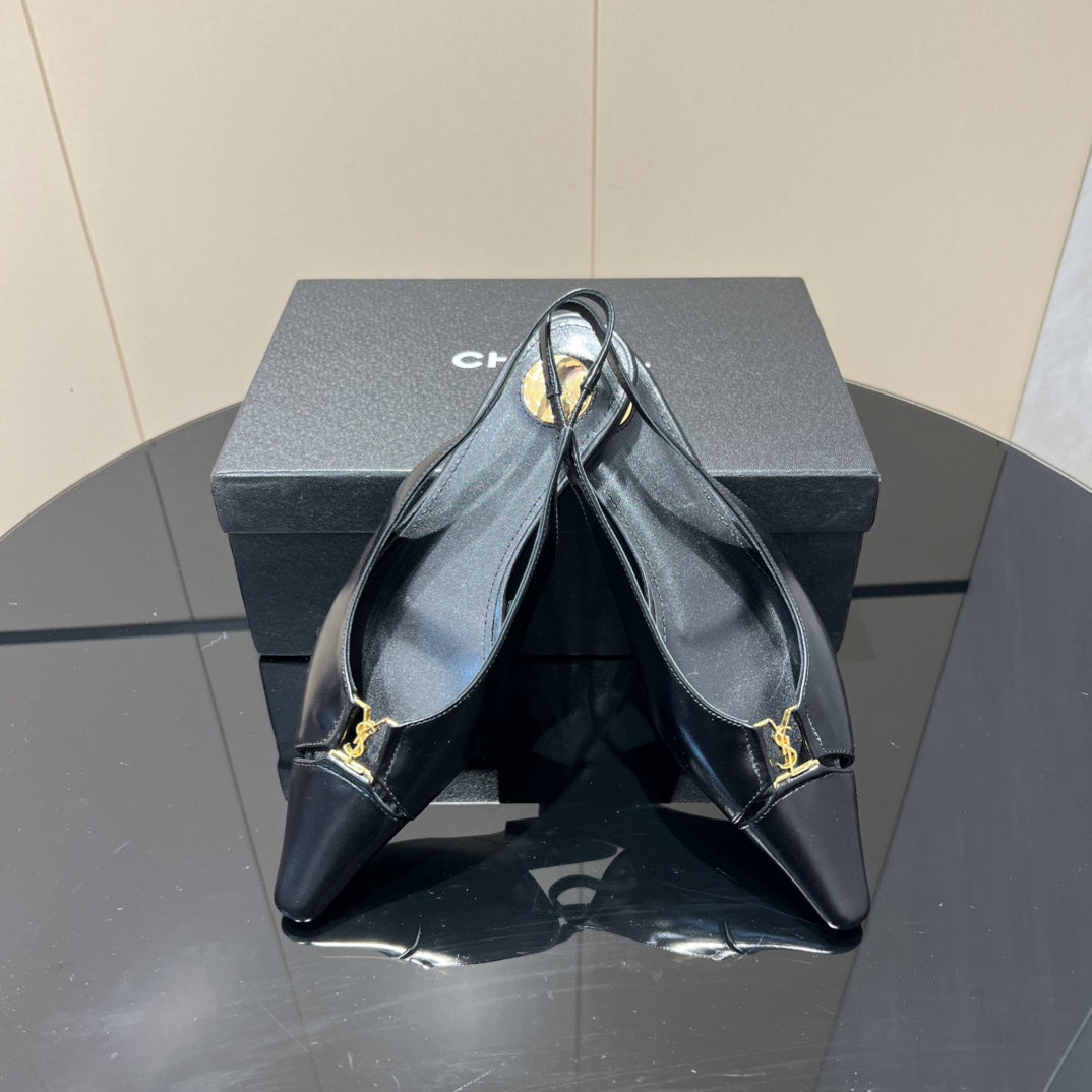 YSL SLINGBACK FLATS 25S IN BLACK LAMBSKIN WITH GOLD HARDWARE