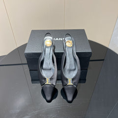 YSL SLINGBACK FLATS 25S IN BLACK SATIN FABRIC WITH GOLD HARDWARE