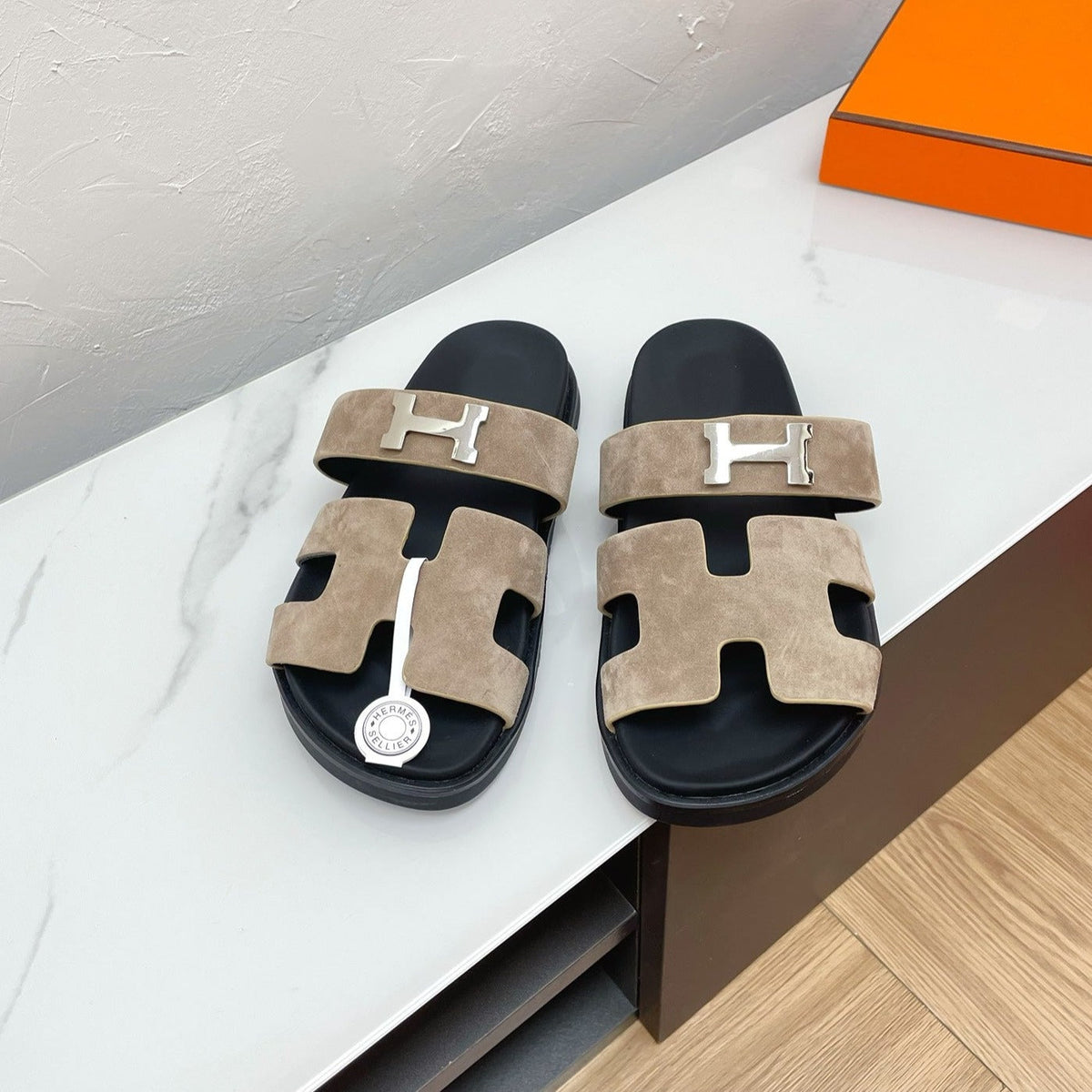 CHYPRE SANDAL LIGHT GRAY SUEDE WITH H BUCKLE