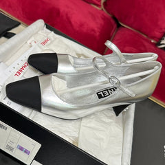 HIGH MARY JANE IN SILVER CALFSKIN AND BLACK SATIN
