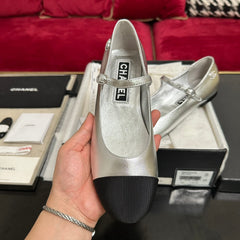 MARY JANE ROUND TOE IN SILVER CALFSKIN AND BLACK SATIN