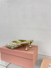 Women's Mid - Heel Metallic Yellow Color Leather Stylized