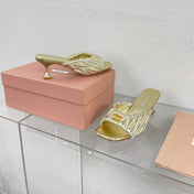 Women's Mid - Heel Metallic Yellow Color Leather Stylized