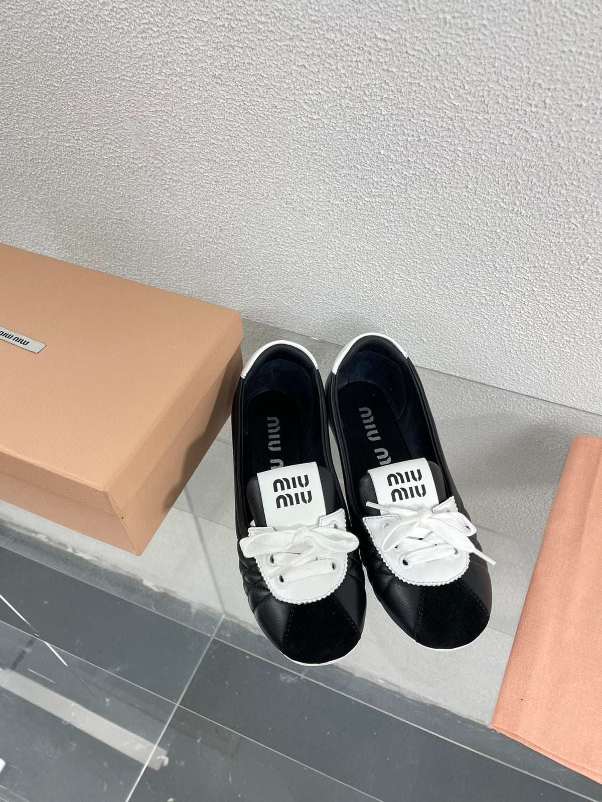 Black Leather Ballet Flats With White