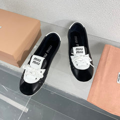 Black Leather Ballet Flats With White