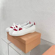 White Leather Ballet Flats With Red