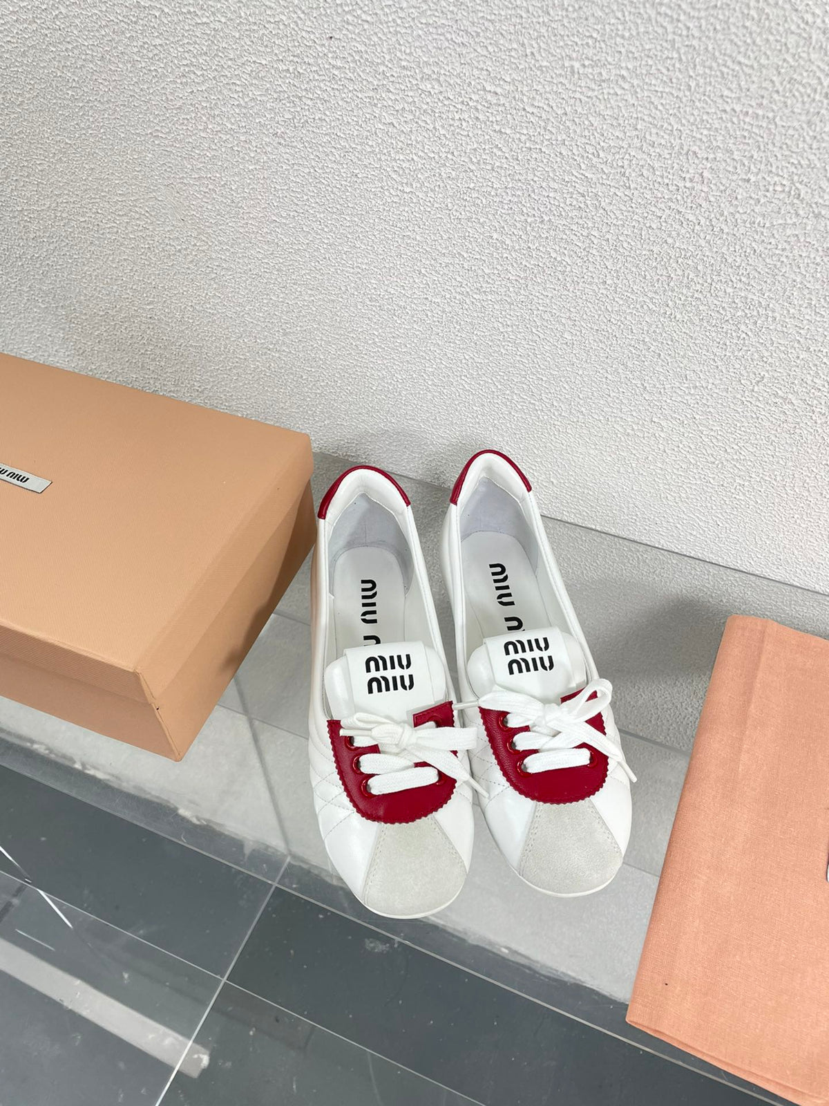 White Leather Ballet Flats With Red