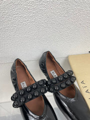 ALAIA MARY JANE PEARL IN GLOSSY BLACK LAMBSKIN