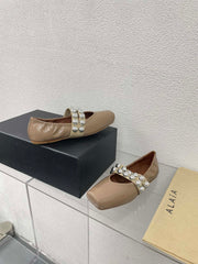 ALAIA MARY JANE PEARL IN GLOSSY BEIGE LAMBSKIN