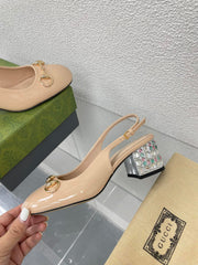 GG WOMEN'S HORSEBIT SLINGBACK IN TAN BEIGE CALFSKIN WITH RHINSTONES