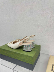 GG WOMEN'S HORSEBIT SLINGBACK IN WHITE CALFSKIN WITH RHINSTONES