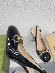 GG WOMEN'S HORSEBIT SLINGBACK 95MM IN BLACK CALFSKIN WITH RHINSTONES