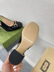 GG WOMEN'S HORSEBIT SLINGBACK 95MM IN BLACK CALFSKIN WITH RHINSTONES