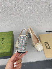 GG WOMEN'S HORSEBIT SLINGBACK 95MM IN WHITE CALFSKIN WITH RHINSTONES