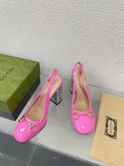 GG WOMEN'S HORSEBIT SLINGBACK 95MM IN FUSICA PINK CALFSKIN WITH RHINSTONES