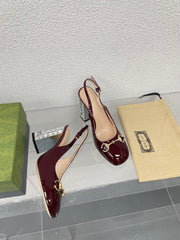 GG WOMEN'S HORSEBIT SLINGBACK 95MM IN WINE RED CALFSKIN WITH RHINSTONES