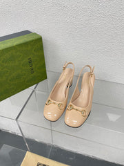 GG WOMEN'S HORSEBIT SLINGBACK 75MM IN TAN BEIGE CALFSKIN