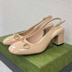 GG WOMEN'S HORSEBIT SLINGBACK 75MM IN TAN BEIGE CALFSKIN