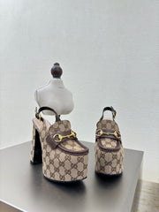 GG WOMEN'S HORSEBIT PLATFORM LOAFER SLINGBACK IN TAN BEIGE CANVAS