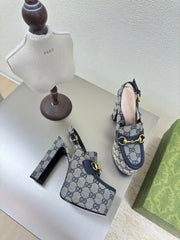 GG WOMEN'S HORSEBIT PLATFORM LOAFER SLINGBACK IN BEIGE AND BLUE CANVAS