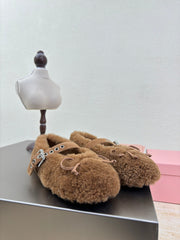 SHEARLING BALLET FLAT BROWN WITH SUEDE STRAP