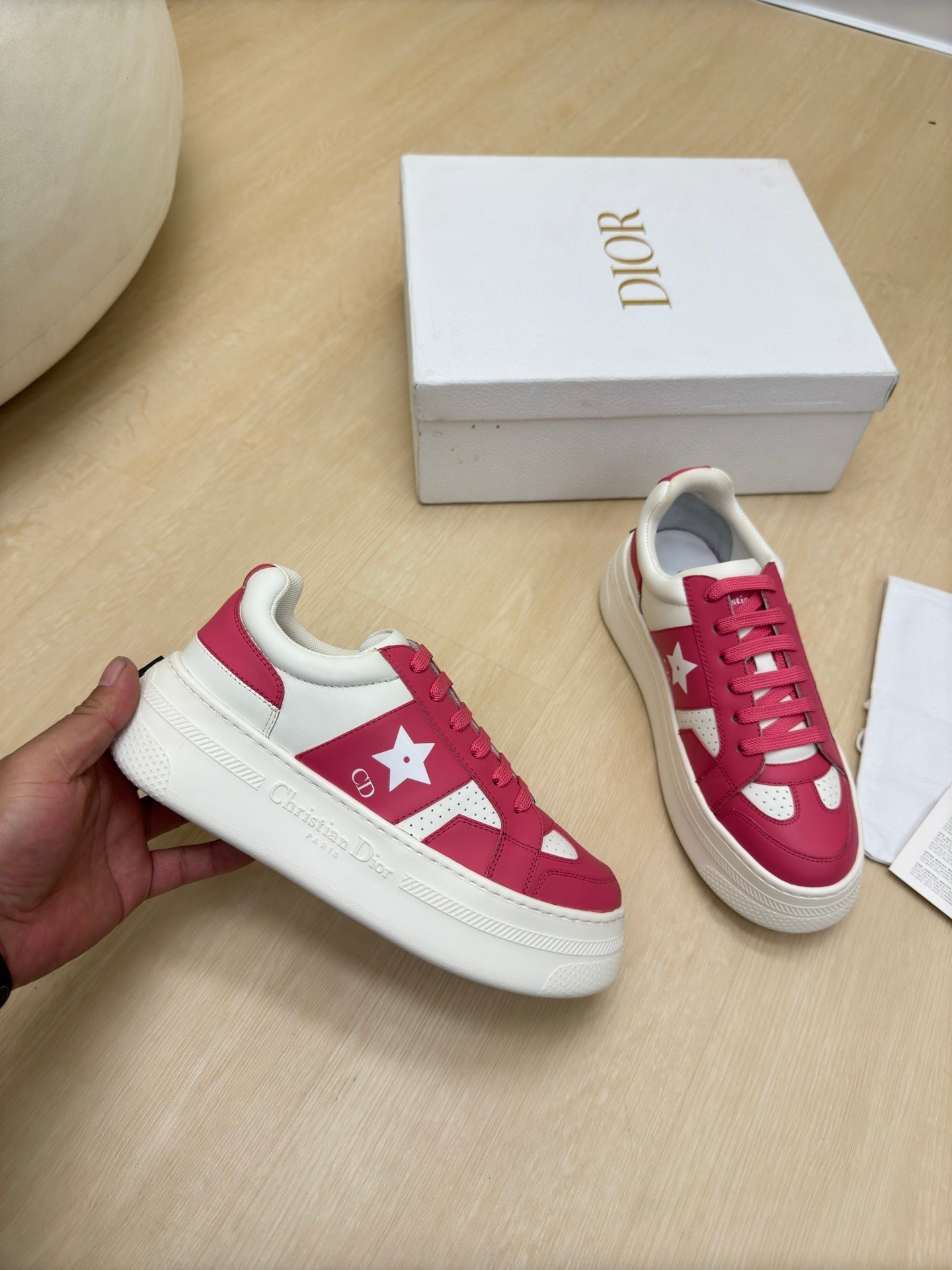 STAR PLATFORM SNEAKER IN WHITE MIX RED PINK CALFSKIN