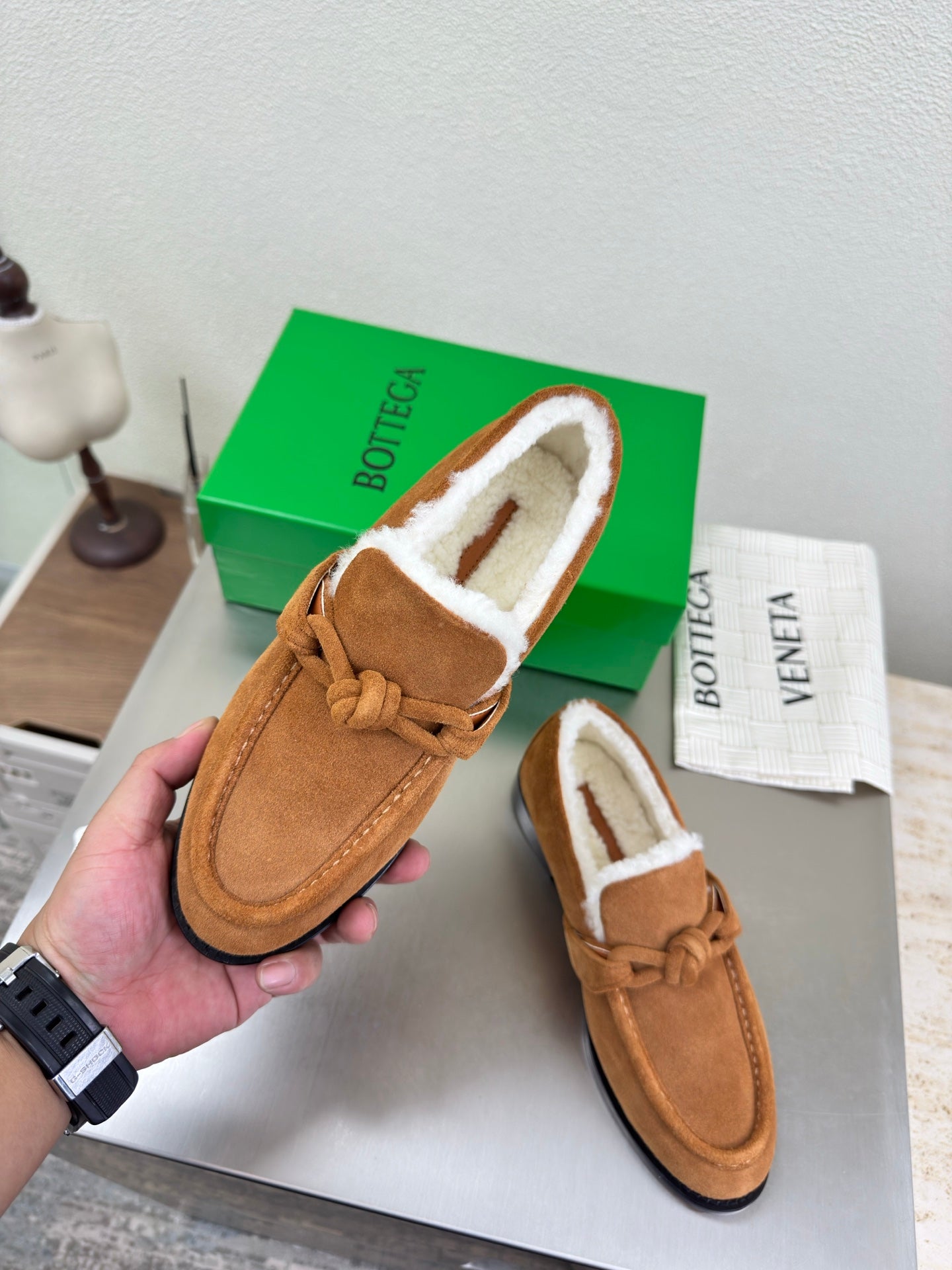 BOTTEGA VENETA 26S LOAFERS IN BROWN SUEDE AND WHITE WOOL