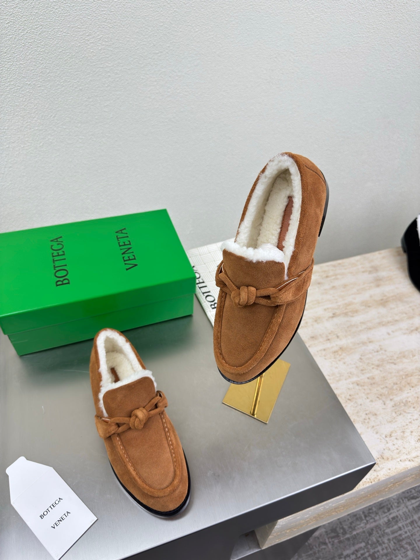 BOTTEGA VENETA 26S LOAFERS IN BROWN SUEDE AND WHITE WOOL