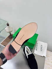 BOTTEGA VENETA 26S LOAFERS IN BLACK SUEDE AND WHITE WOOL