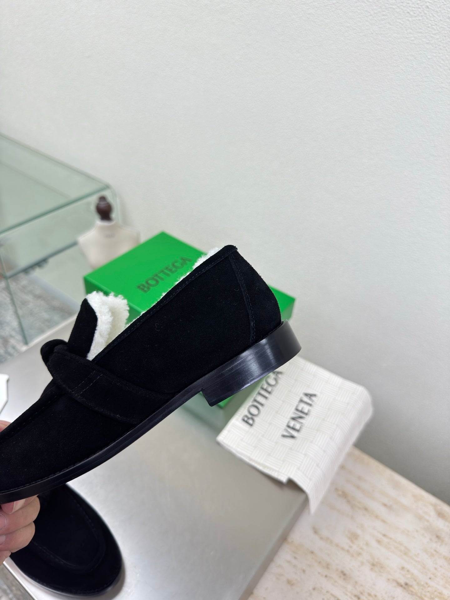 BOTTEGA VENETA 26S LOAFERS IN BLACK SUEDE AND WHITE WOOL