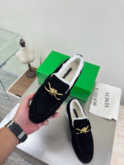 BOTTEGA VENETA 26S LOAFERS IN BLACK SUEDE AND WHITE WOOL WITH GOLD HARDWARE