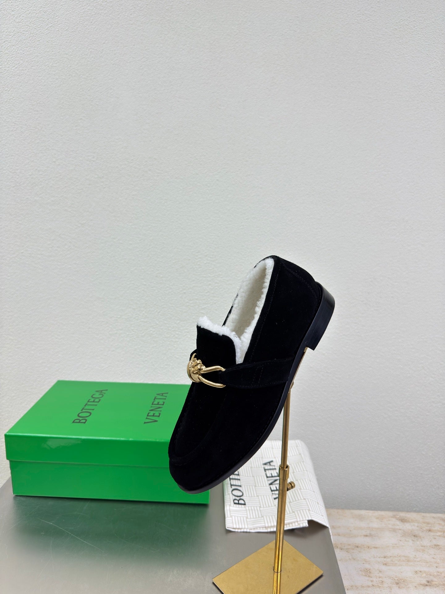 BOTTEGA VENETA 26S LOAFERS IN BLACK SUEDE AND WHITE WOOL WITH GOLD HARDWARE