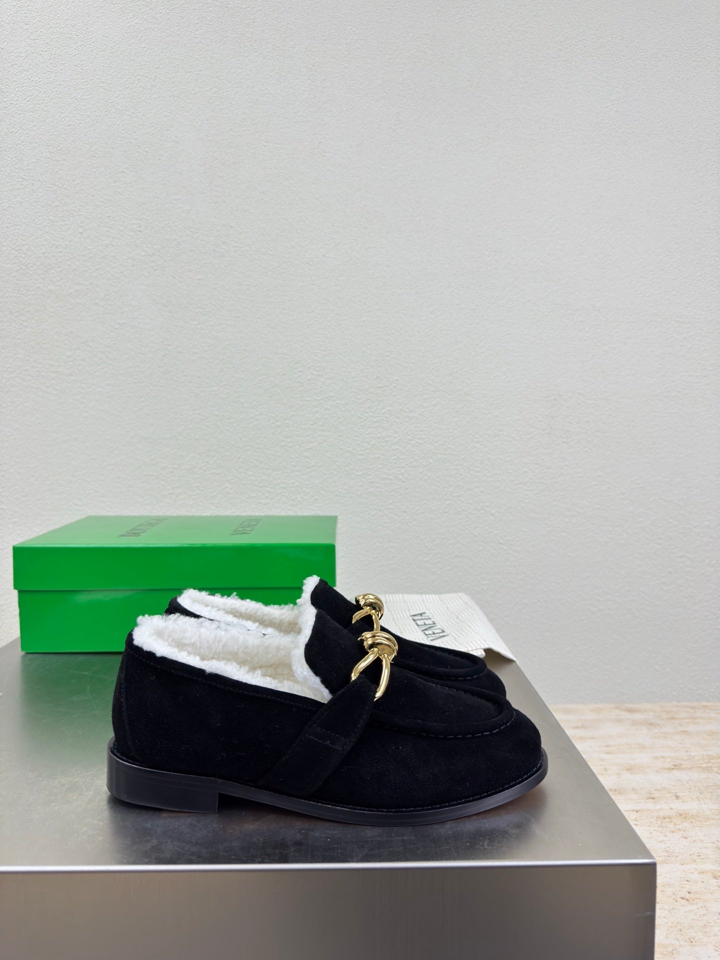 BOTTEGA VENETA 26S LOAFERS IN BLACK SUEDE AND WHITE WOOL WITH GOLD HARDWARE