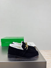 BOTTEGA VENETA 26S LOAFERS IN BLACK SUEDE AND WHITE WOOL WITH GOLD HARDWARE
